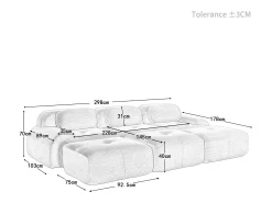 Sofá modular 3 lugares + 3 puff - veludo côtelê - com 3 almofadas - densidade assento 32kg/m³ - 298x178x70cm - Preto