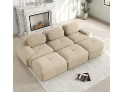 Sofá modular 3 lugares + 3 puff - veludo côtelê - com 3 almofadas - densidade assento 32kg/m³ - 298x178x70cm - Bege