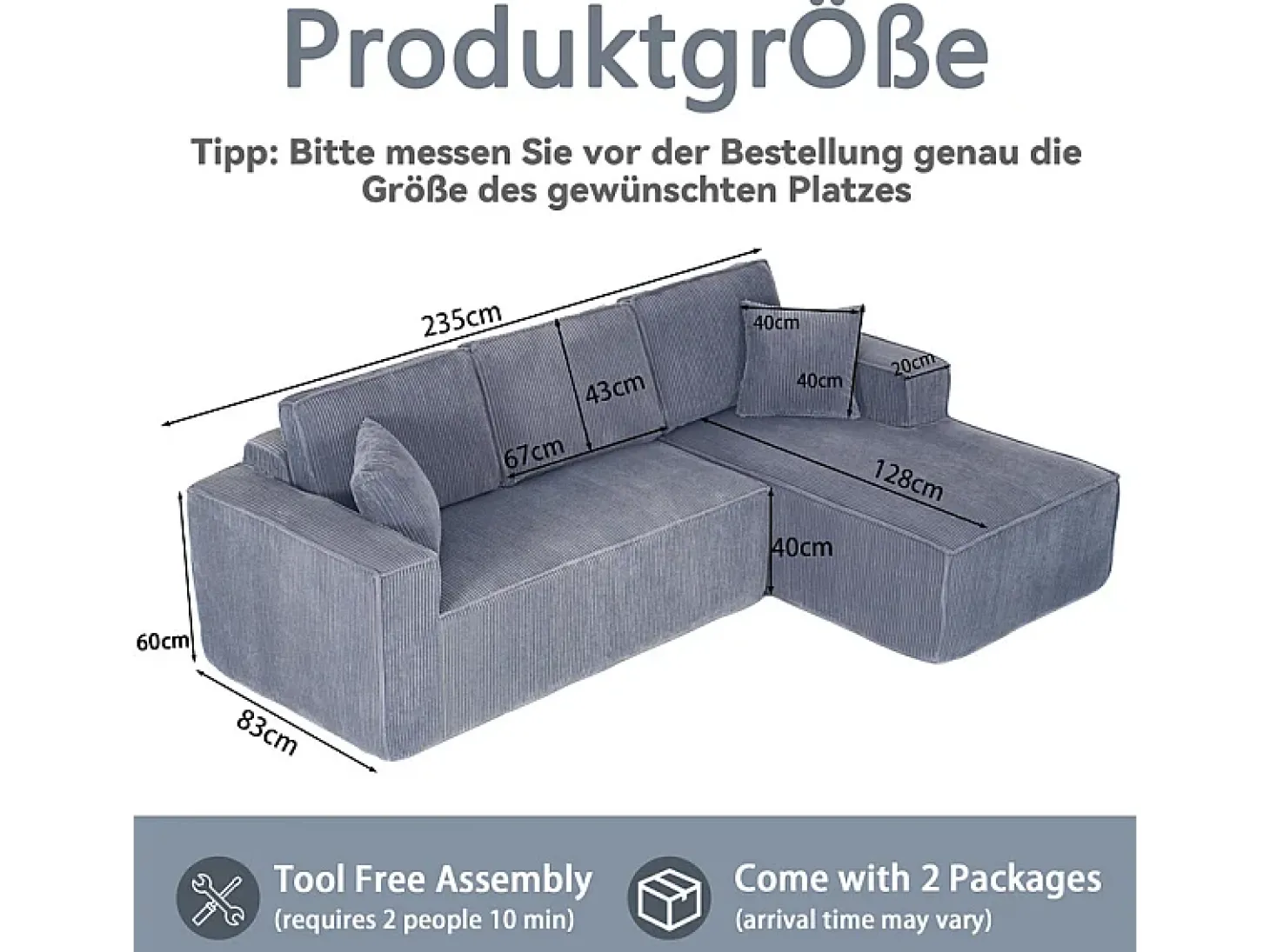Sofá modular 3 lugares canto direito veludo canelado, 2 almofadas, chaise longue 128cm, Cinzento