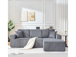 Sofá modular 3 lugares canto direito veludo canelado, 2 almofadas, chaise longue 128cm, Cinzento
