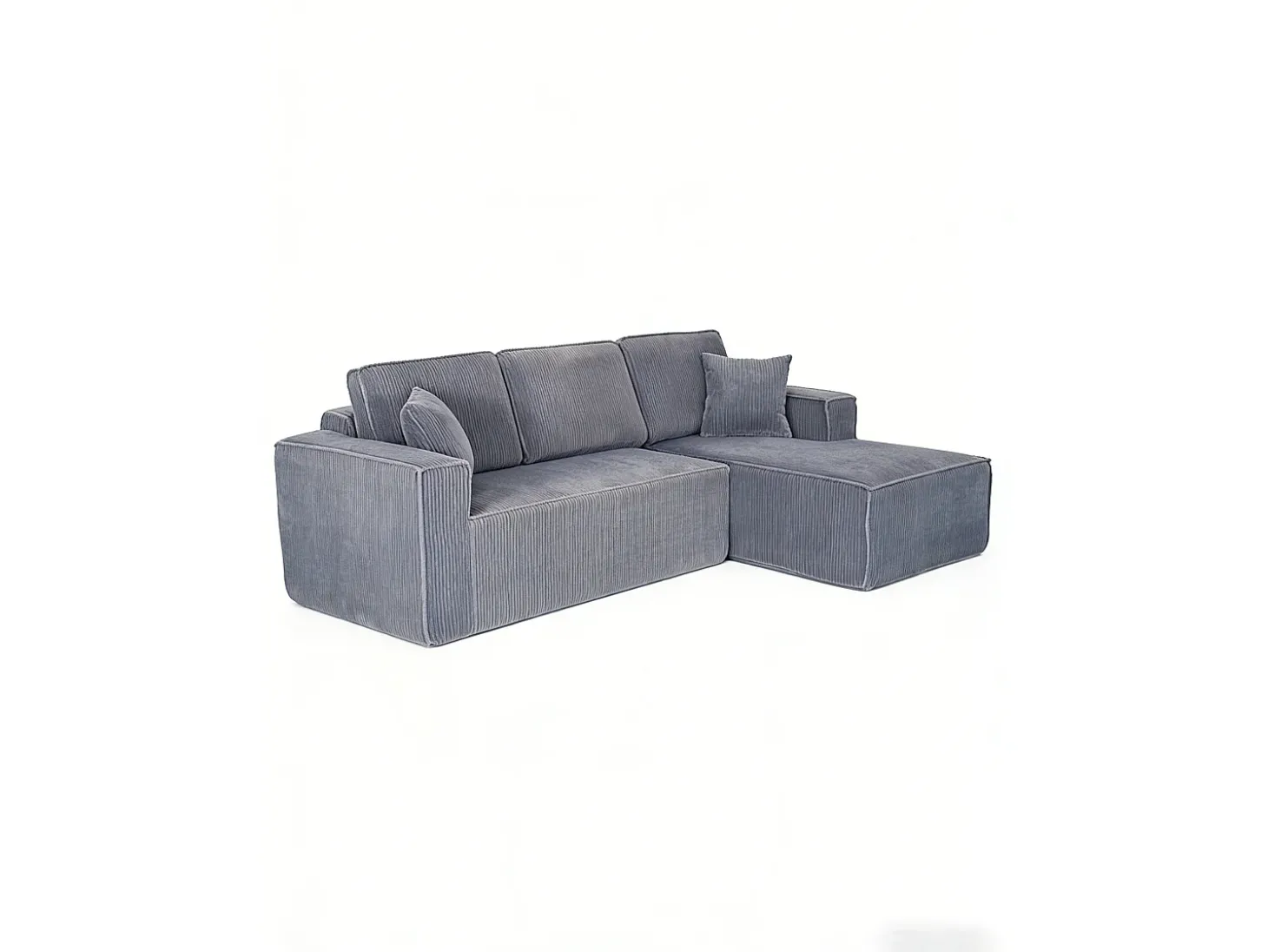 Sofá modular 3 lugares canto direito veludo canelado, 2 almofadas, chaise longue 128cm, Cinzento