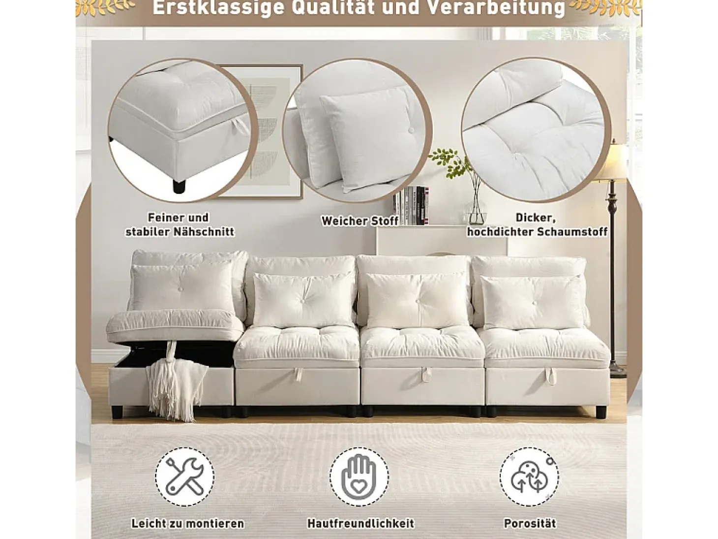Sofá Modular 4 Lugares em Chenille - com 8 Almofadas e 4 Armazenamentos - Carga Máx. 500kg - 274x76x87cm - Bege