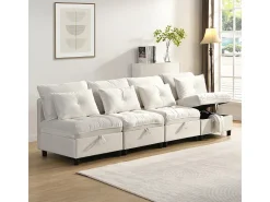 Sofá Modular 4 Lugares em Chenille - com 8 Almofadas e 4 Armazenamentos - Carga Máx. 500kg - 274x76x87cm - Bege