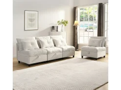 Sofá Modular 4 Lugares em Chenille - com 8 Almofadas e 4 Armazenamentos - Carga Máx. 500kg - 274x76x87cm - Bege