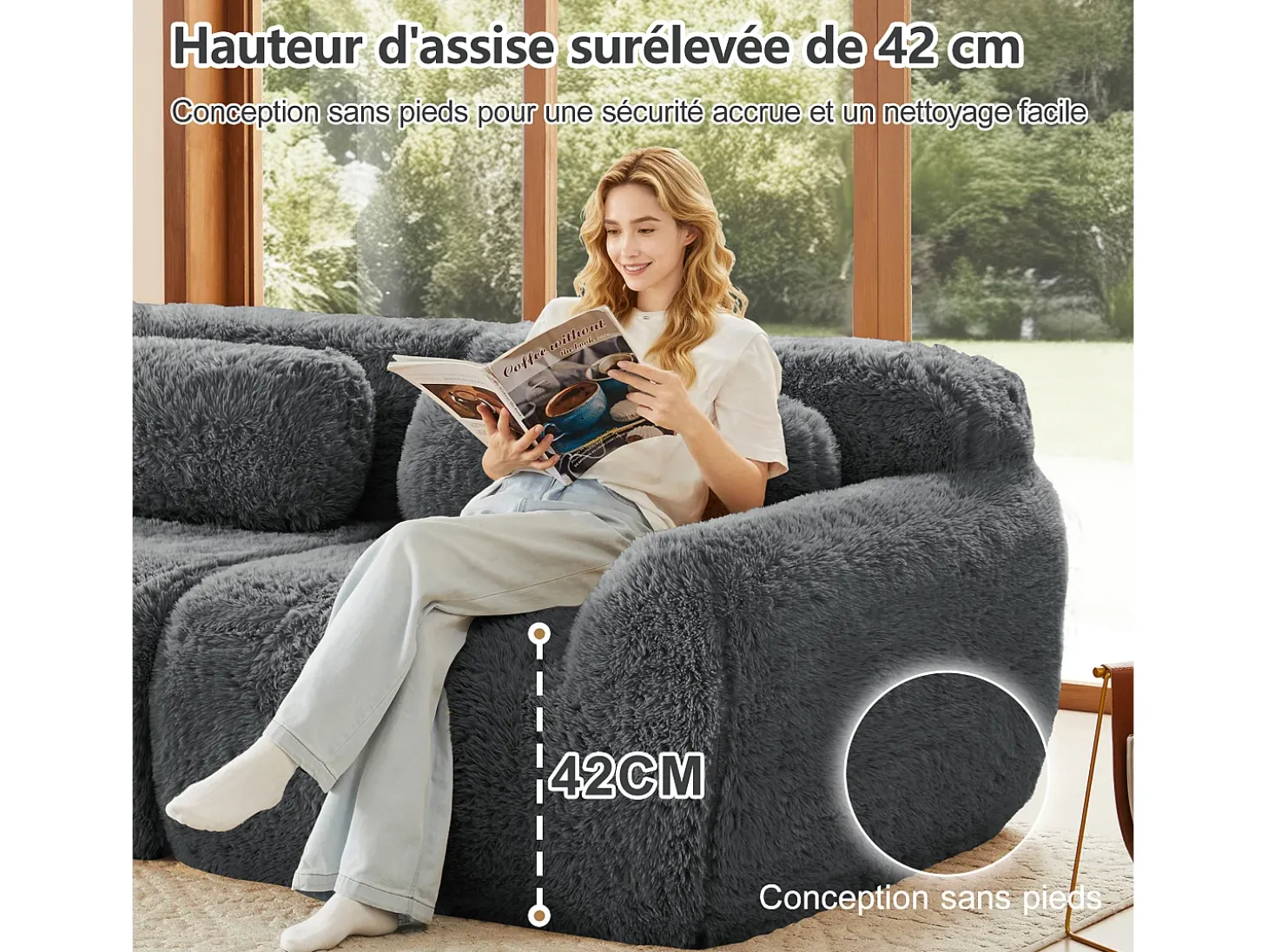 Sofá Modular 3 lugares em tecido peluche, com 3 almofadas, sem estrutura, 291x104x73cm, Cinza