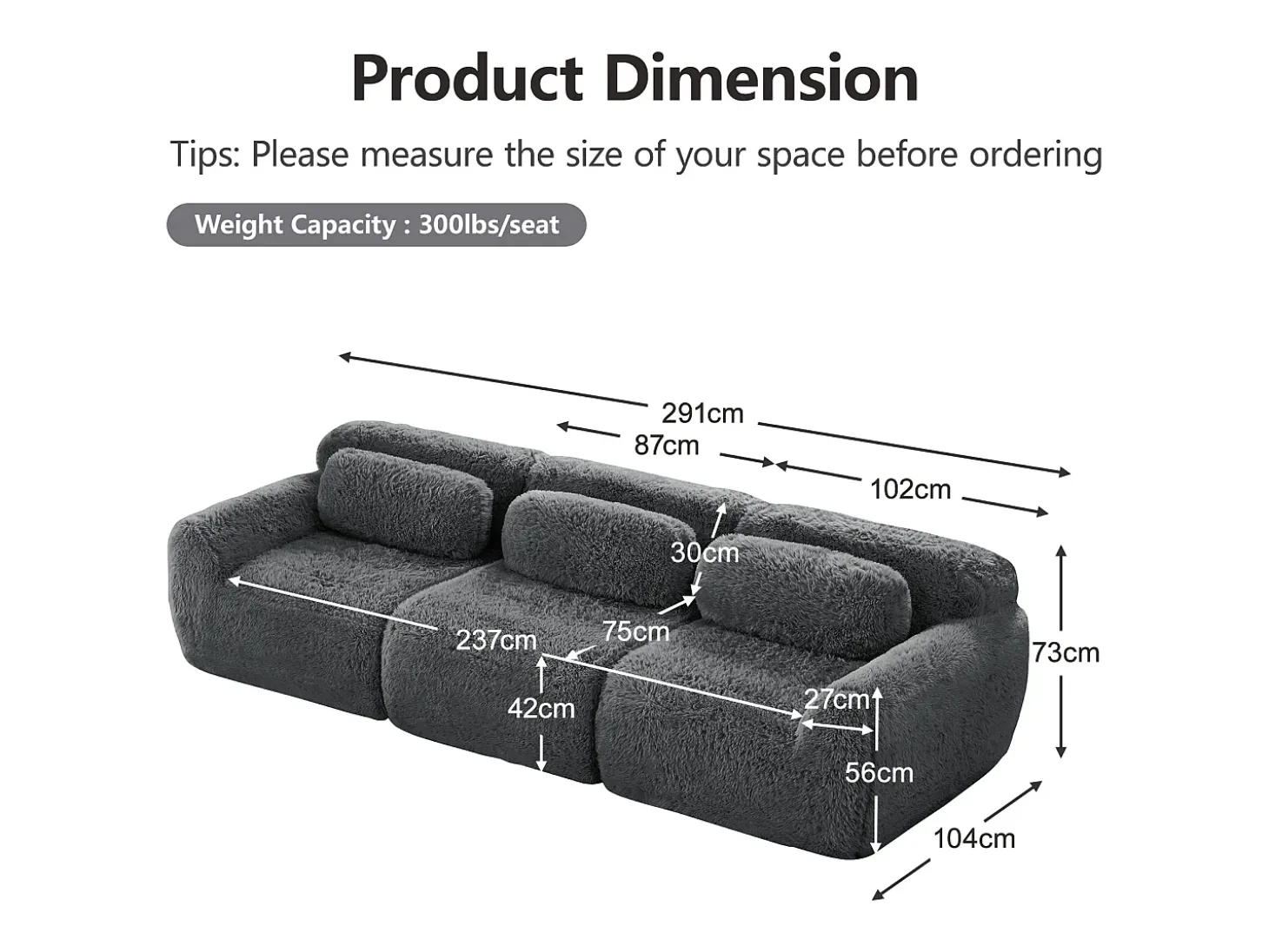 Sofá Modular 3 lugares em tecido peluche, com 3 almofadas, sem estrutura, 291x104x73cm, Cinza