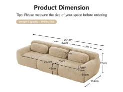 Sofá Modular 3 lugares em tecido peluche, com 3 almofadas, sem estrutura, 291x104x73cm, Caqui
