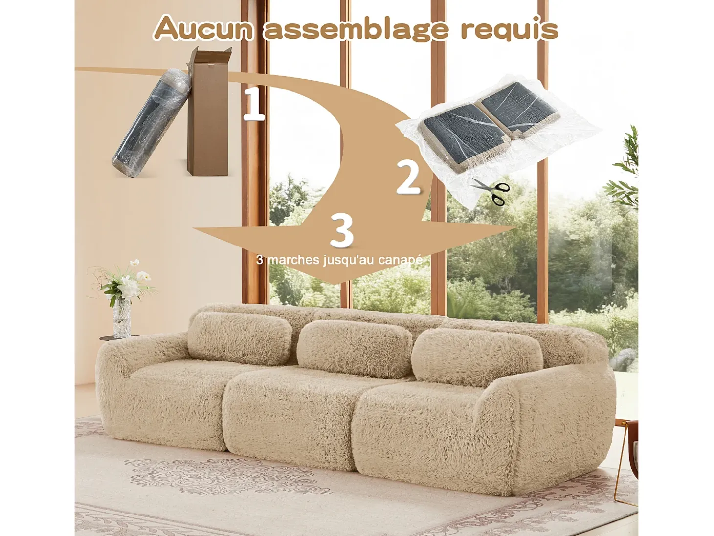 Sofá Modular 3 lugares em tecido peluche, com 3 almofadas, sem estrutura, 291x104x73cm, Caqui