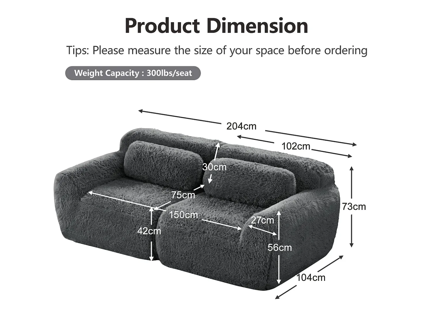 Sofá Modular 2 lugares em tecido peluche, com 2 almofadas, assento extra profundo 75cm, 204x104x73cm, Cinza