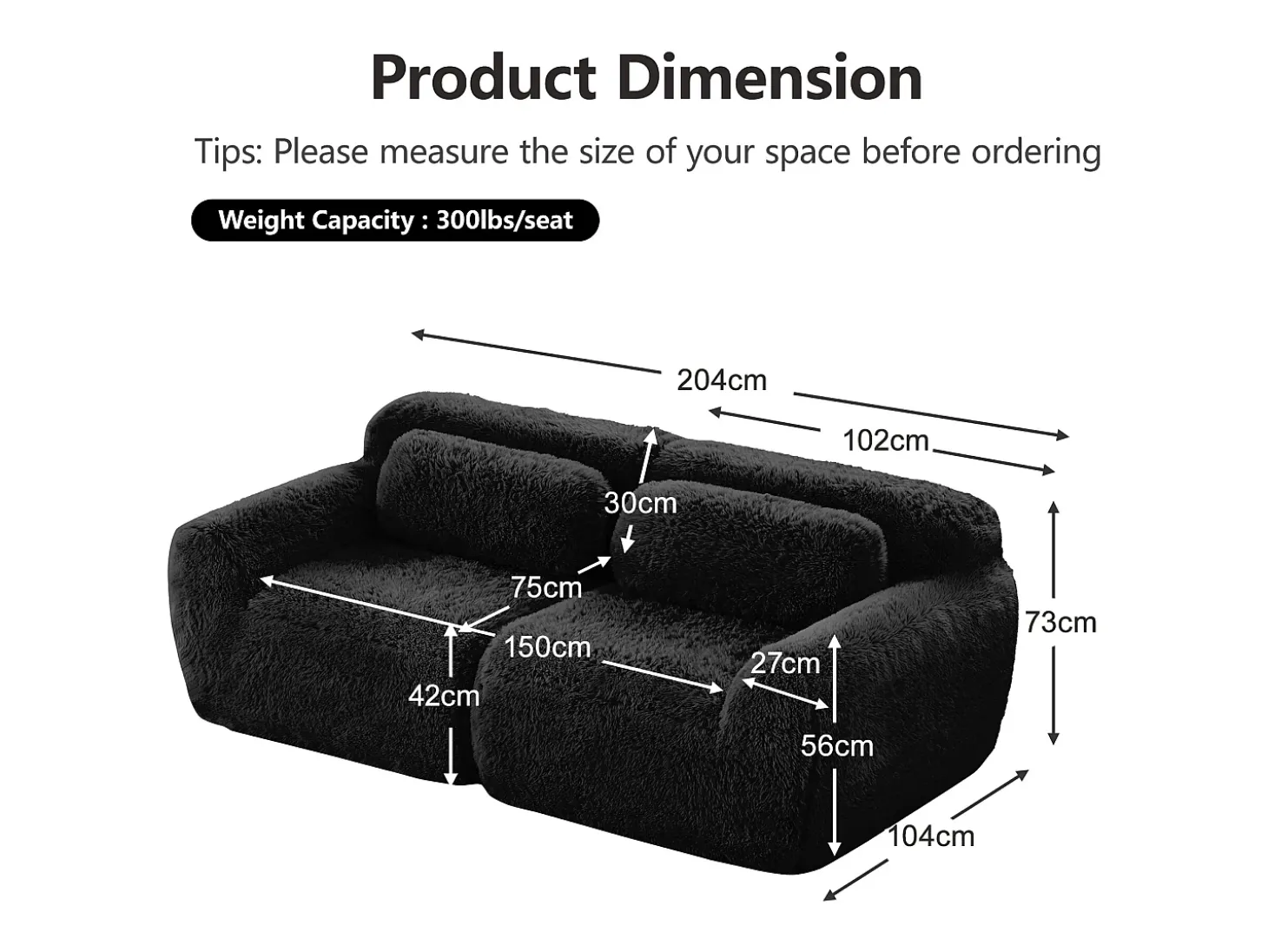 Sofá Modular 2 lugares em tecido peluche, com 2 almofadas, assento extra profundo 75cm, 204x104x73cm, Preto