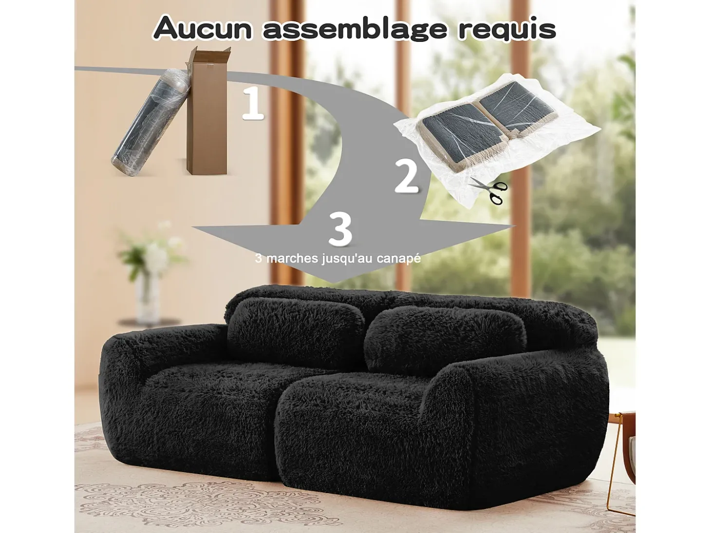 Sofá Modular 2 lugares em tecido peluche, com 2 almofadas, assento extra profundo 75cm, 204x104x73cm, Preto