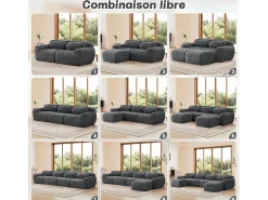 Sofá Modular 4 lugares em tecido peluche, com 4 almofadas, sem estrutura, 378x104x73cm, Cinza