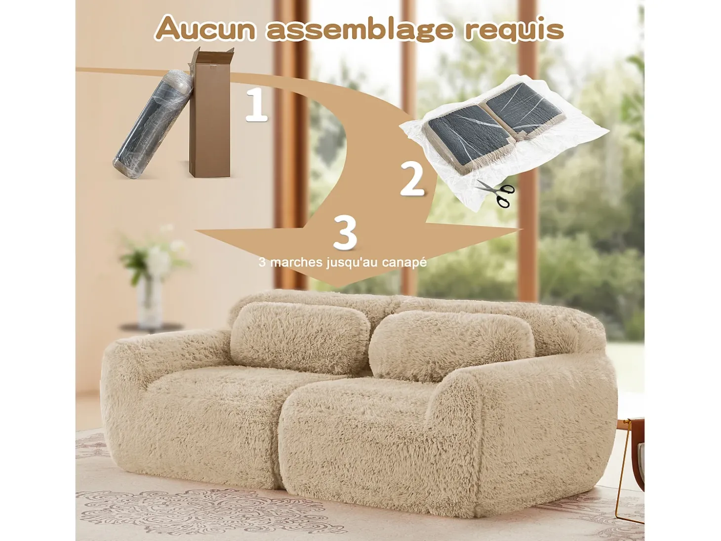 Sofá Modular 2 lugares em tecido peluche, com 2 almofadas, assento extra profundo 75cm, 204x104x73cm, Caqui