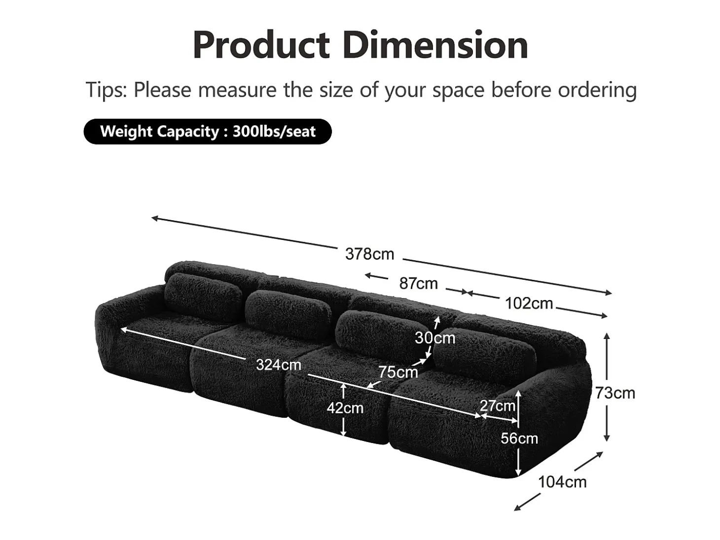 Sofá Modular 4 lugares em tecido peluche, com 4 almofadas, sem estrutura, 378x104x73cm, Preto