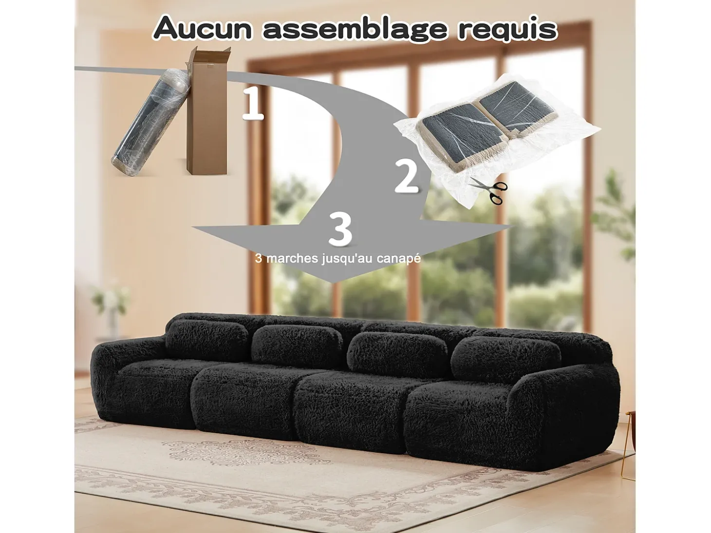 Sofá Modular 4 lugares em tecido peluche, com 4 almofadas, sem estrutura, 378x104x73cm, Preto