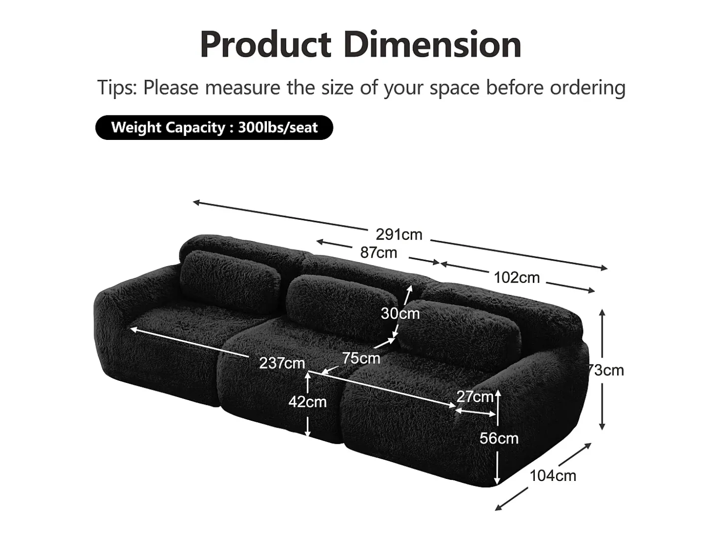 Sofá Modular 3 lugares em tecido peluche, com 3 almofadas, sem estrutura, 291x104x73cm, Preto