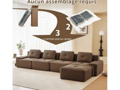 Sofá Modular 4 lugares em Veludo cotelê, com puff e 4 almofadas, 382x177x69cm, Marrom
