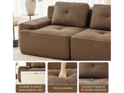 Sofá Modular 4 lugares em Veludo cotelê, com puff e 4 almofadas, 382x177x69cm, Marrom