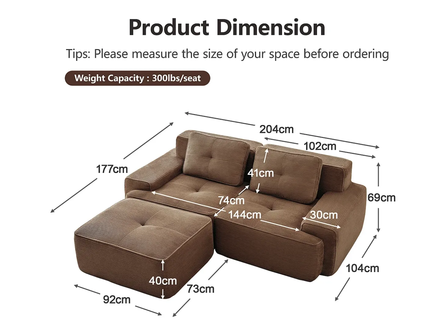 Sofá Modular 2 lugares em Veludo cotelê, com puff e 2 almofadas, 204x177x69cm, Marrom