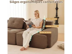Sofá Modular 2 lugares em Veludo cotelê, com puff e 2 almofadas, 204x177x69cm, Marrom