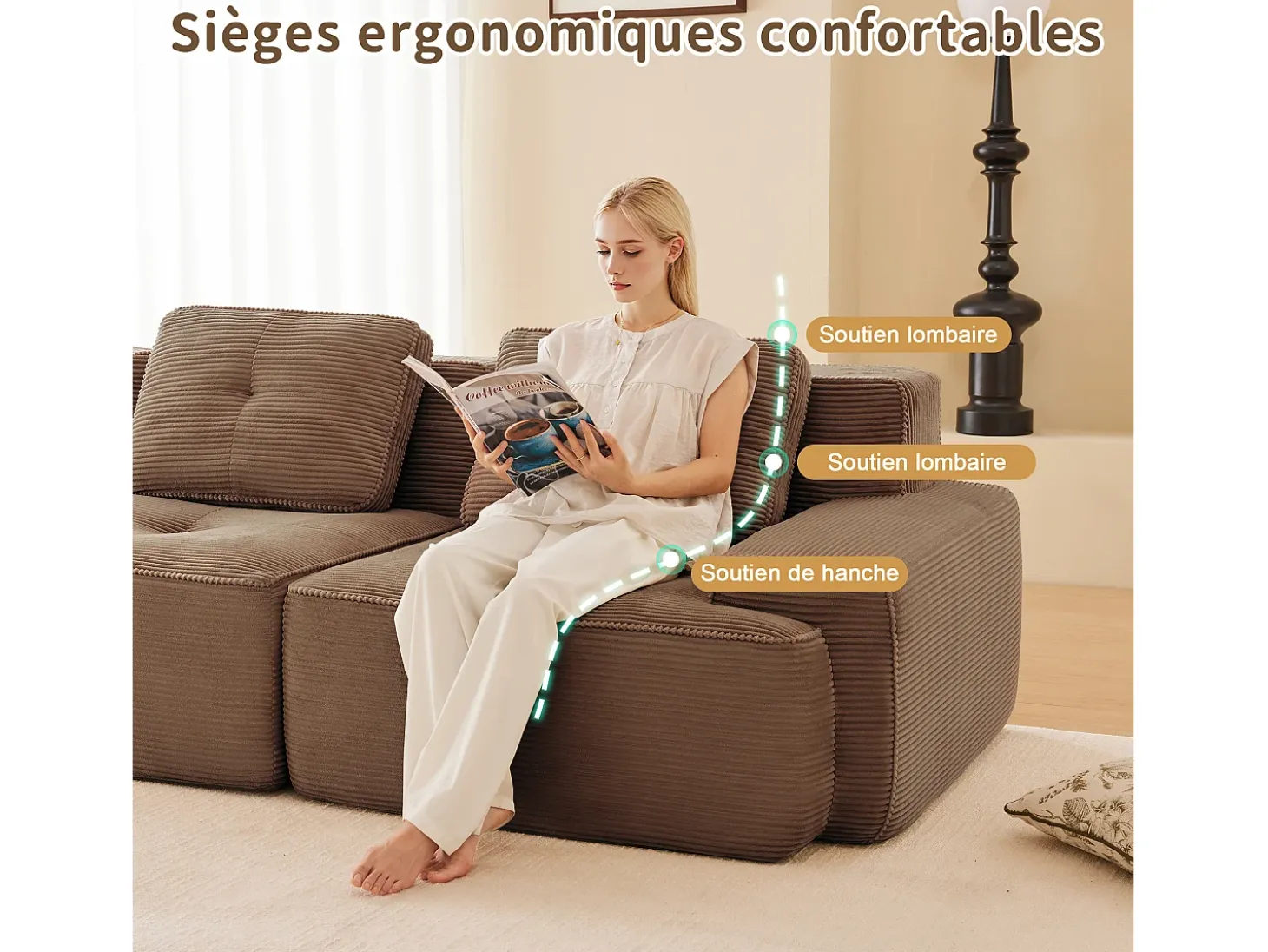 Sofá Modular 2 lugares em Veludo cotelê, com puff e 2 almofadas, 204x177x69cm, Marrom