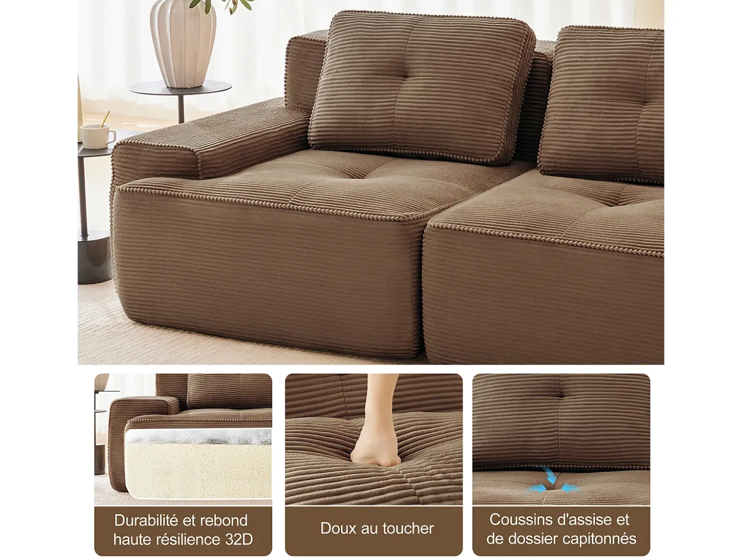 Sofá Modular 2 lugares em Veludo cotelê, com puff e 2 almofadas, 204x177x69cm, Marrom