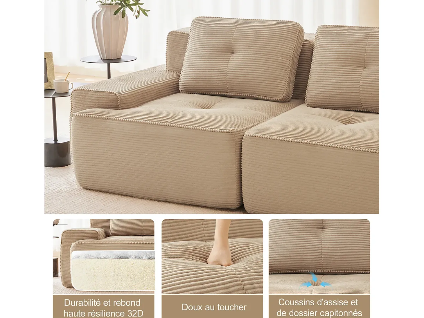 Sofá Modular 3 lugares em Veludo cotelê, com 3 almofadas, assento extra profundo 74cm, 293x104x69cm, Bege