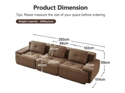 Sofá Modular 3 lugares em Veludo cotelê, com 3 almofadas, assento extra profundo 74cm, 293x104x69cm, Marrom