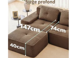 Sofá Modular 3 lugares em Veludo cotelê, com 3 almofadas, assento extra profundo 74cm, 293x104x69cm, Marrom