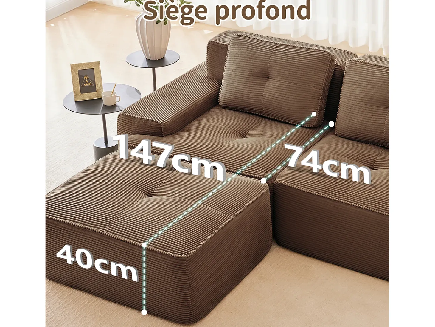 Sofá Modular 3 lugares em Veludo cotelê, com 3 almofadas, assento extra profundo 74cm, 293x104x69cm, Marrom
