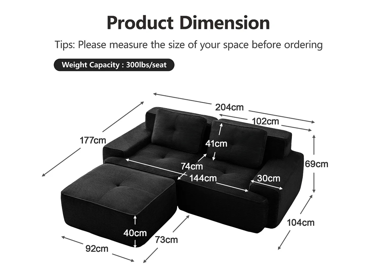 Sofá Modular 2 lugares em Veludo cotelê, com puff e 2 almofadas, 204x177x69cm, Preto