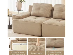 Sofá Modular 2 lugares em Veludo cotelê com 2 almofadas, sem montagem, 204x104x69cm, Bege