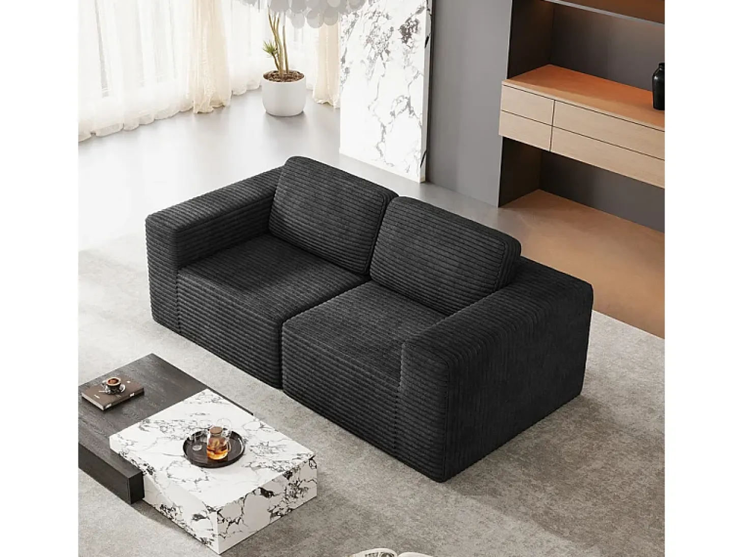 Sofá Modular 2 lugares em Veludo Cotelê, com 2 almofadas, 202x101x82cm, Preto