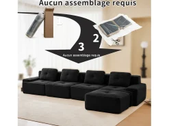 Sofá Modular 4 lugares em Veludo cotelê, com puff e 4 almofadas, 382x177x69cm, Preto
