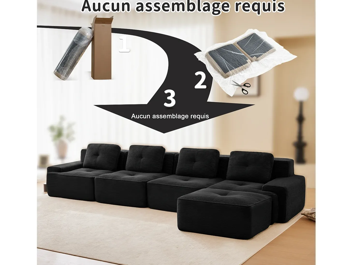 Sofá Modular 4 lugares em Veludo cotelê, com puff e 4 almofadas, 382x177x69cm, Preto