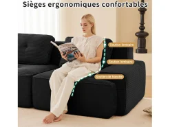 Sofá Modular 3 lugares em Veludo cotelê, com 3 almofadas, assento extra profundo 74cm, 293x104x69cm, Preto