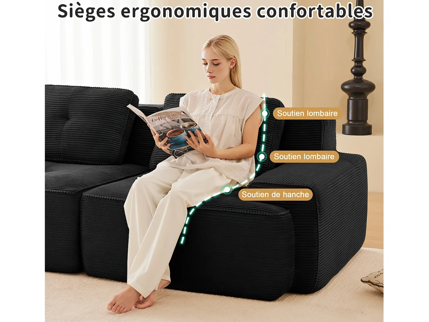 Sofá Modular 3 lugares em Veludo cotelê, com 3 almofadas, assento extra profundo 74cm, 293x104x69cm, Preto