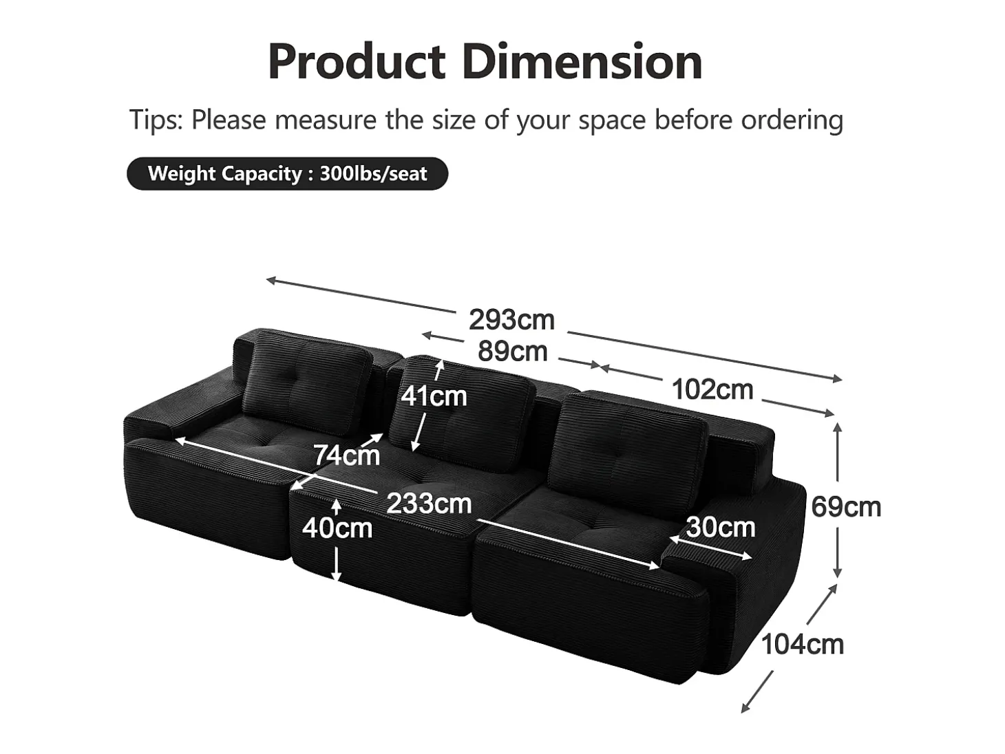 Sofá Modular 3 lugares em Veludo cotelê, com 3 almofadas, assento extra profundo 74cm, 293x104x69cm, Preto