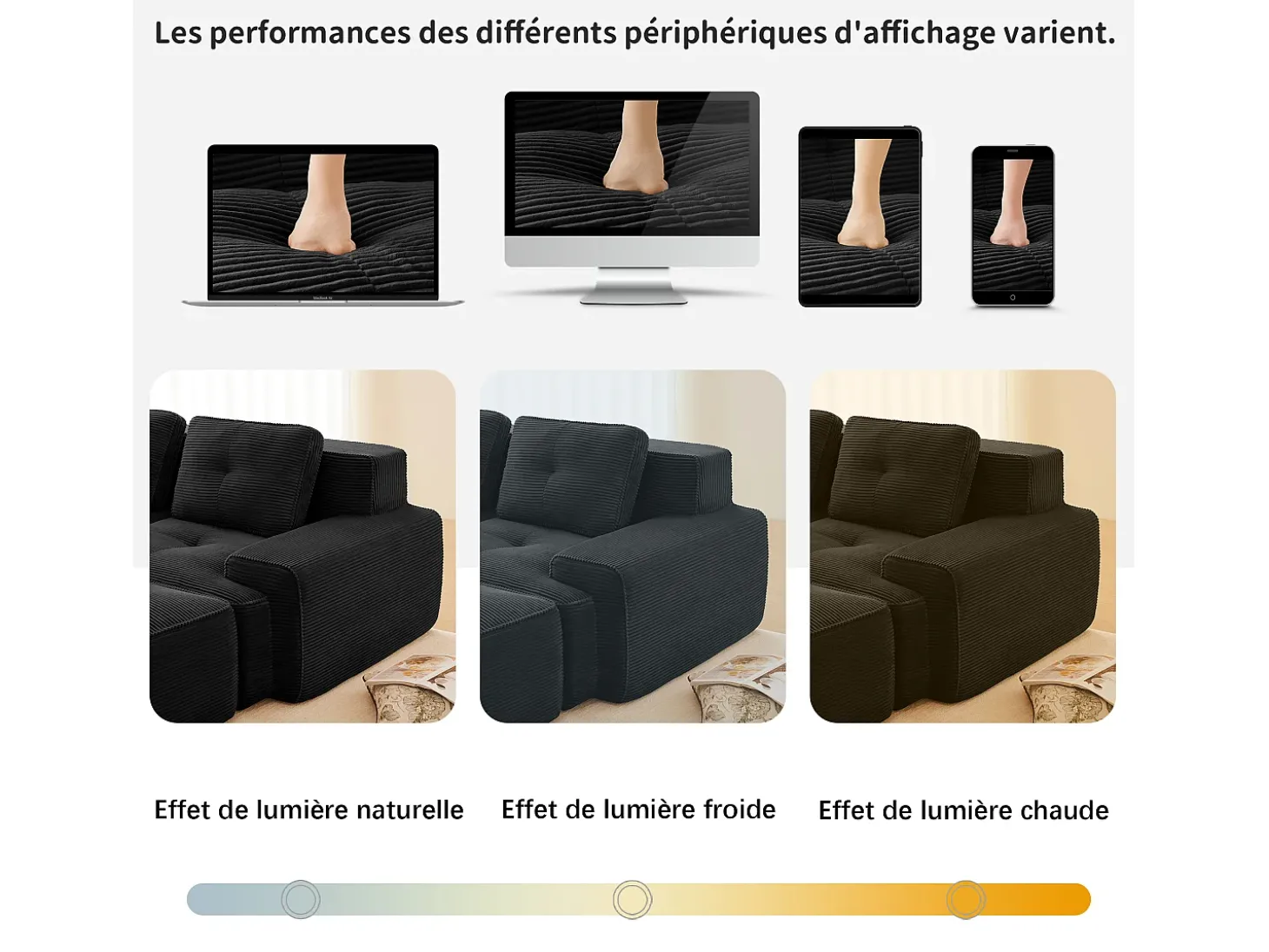 Sofá Modular 3 lugares em Veludo cotelê, com 3 almofadas, assento extra profundo 74cm, 293x104x69cm, Preto