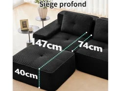 Sofá Modular 3 lugares em Veludo cotelê, com 3 almofadas, assento extra profundo 74cm, 293x104x69cm, Preto