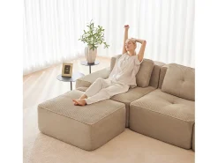 Sofá Modular 2 lugares em Veludo cotelê, com puff e 2 almofadas, 204x177x69cm, Bege