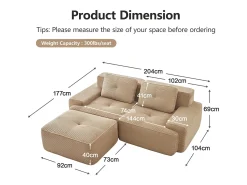 Sofá Modular 2 lugares em Veludo cotelê, com puff e 2 almofadas, 204x177x69cm, Bege