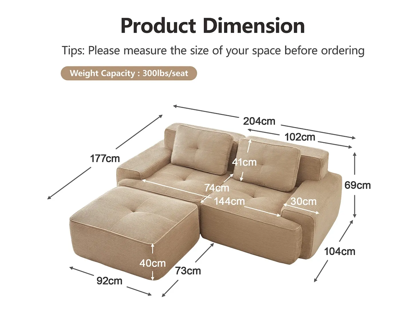 Sofá Modular 2 lugares em Veludo cotelê, com puff e 2 almofadas, 204x177x69cm, Bege