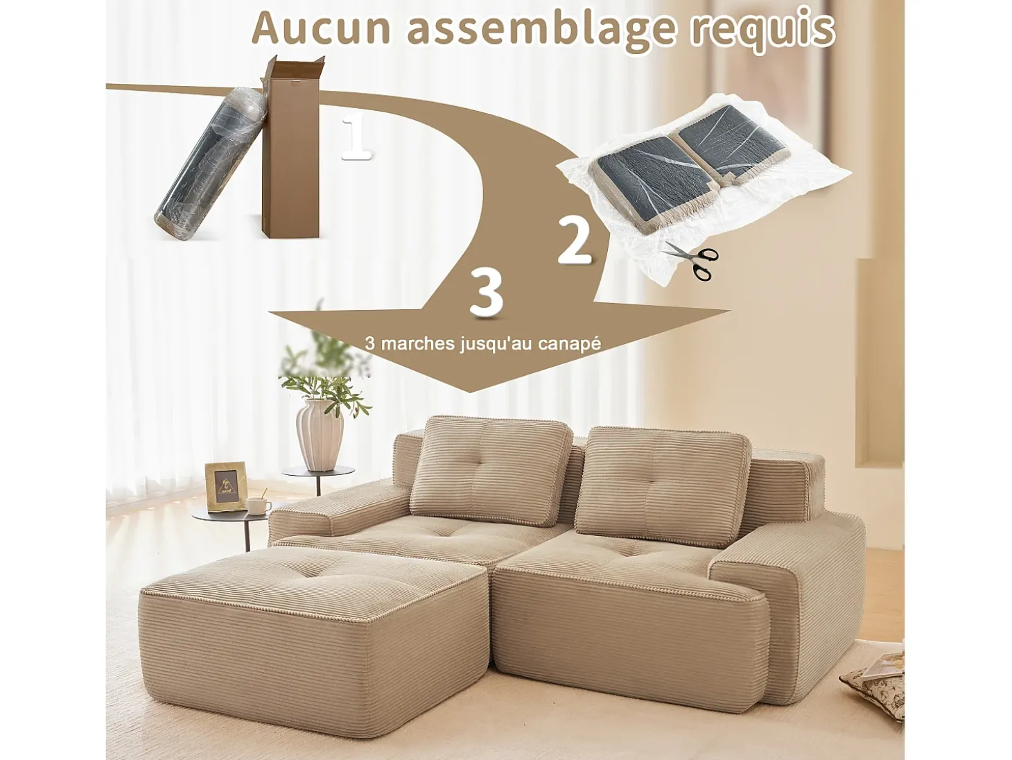 Sofá Modular 2 lugares em Veludo cotelê, com puff e 2 almofadas, 204x177x69cm, Bege