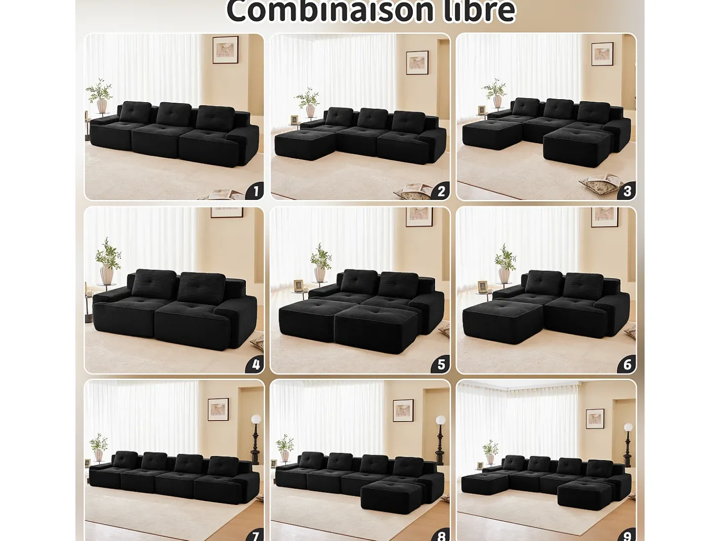 Sofá Modular 4 lugares em Veludo cotelê, com 4 almofadas, 382x104x69cm, Preto