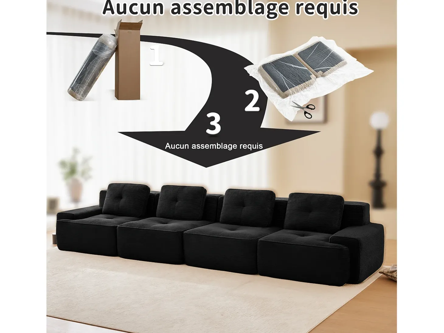 Sofá Modular 4 lugares em Veludo cotelê, com 4 almofadas, 382x104x69cm, Preto