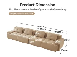 Sofá Modular 4 lugares em Veludo cotelê, com 4 almofadas, 382x104x69cm, Bege