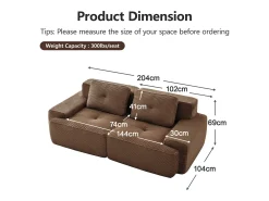Sofá Modular 2 lugares em Veludo cotelê com 2 almofadas, sem montagem, 204x104x69cm, Marrom