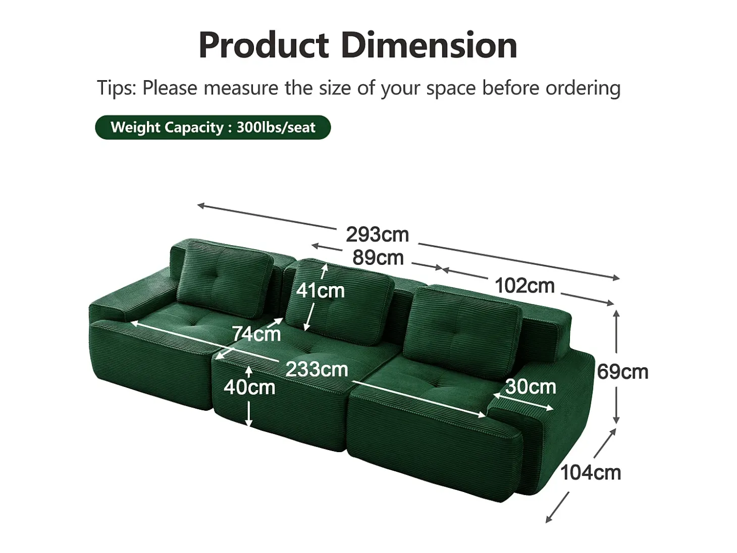 Sofá Modular 3 lugares em Veludo cotelê, com 3 almofadas, assento extra profundo 74cm, 293x104x69cm, Verde
