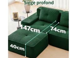 Sofá Modular 3 lugares em Veludo cotelê, com 3 almofadas, assento extra profundo 74cm, 293x104x69cm, Verde